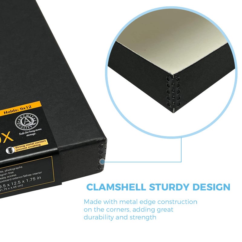 Lineco 9x12 Black Clamshell Archival Folio Storage Box, Acid-Free with Metal Edge. Preserves Photos Longevity, Organize Documents, Crafts. (Pack of 2) - Image 4